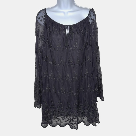 AGB Woman Blouse Womens 3XL Black Embroidered Mesh Tunic Top Long Sleeve Lined - Picture 1 of 8
